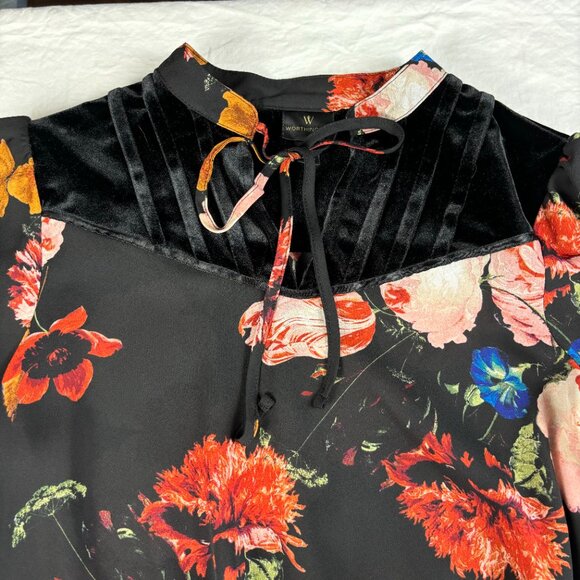 Worthington Black Floral Print Peplum Blouse - Size S - Picture 2 of 13